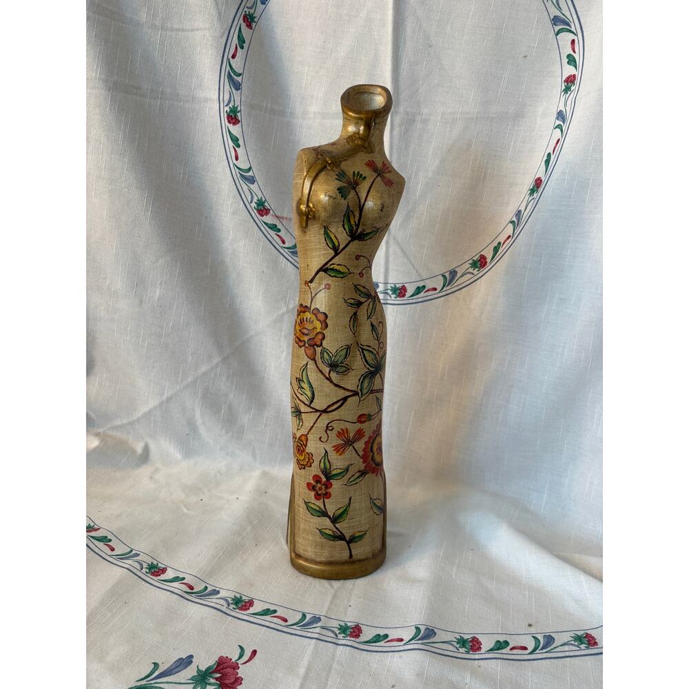 Tall 17in Ceramic Vase Female Bust with Florals on Tan Mystic Kintsugi Style EUC